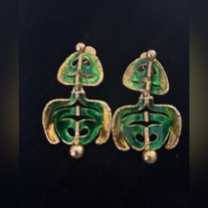 Pair Of Vintage Gold Tone Clip On Dangly Earrings With Green Accent